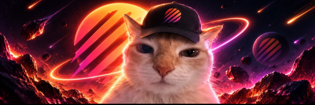 Cosmic orange cat in a cap, surrounded by planets and volcanic rock